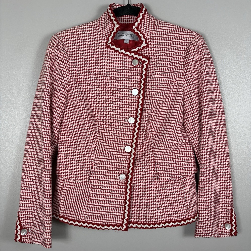 VTG Worth Women's 4 Red‎ White Houndstooth Contrast Trim Lined Off Center Jacket